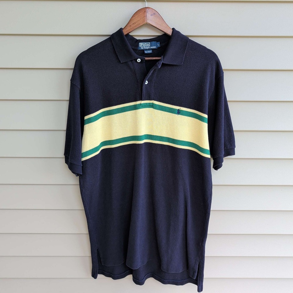 Polo Ralph Lauren Polo Shirt Mens L Navy Blue Yellow Green Striped Vintage